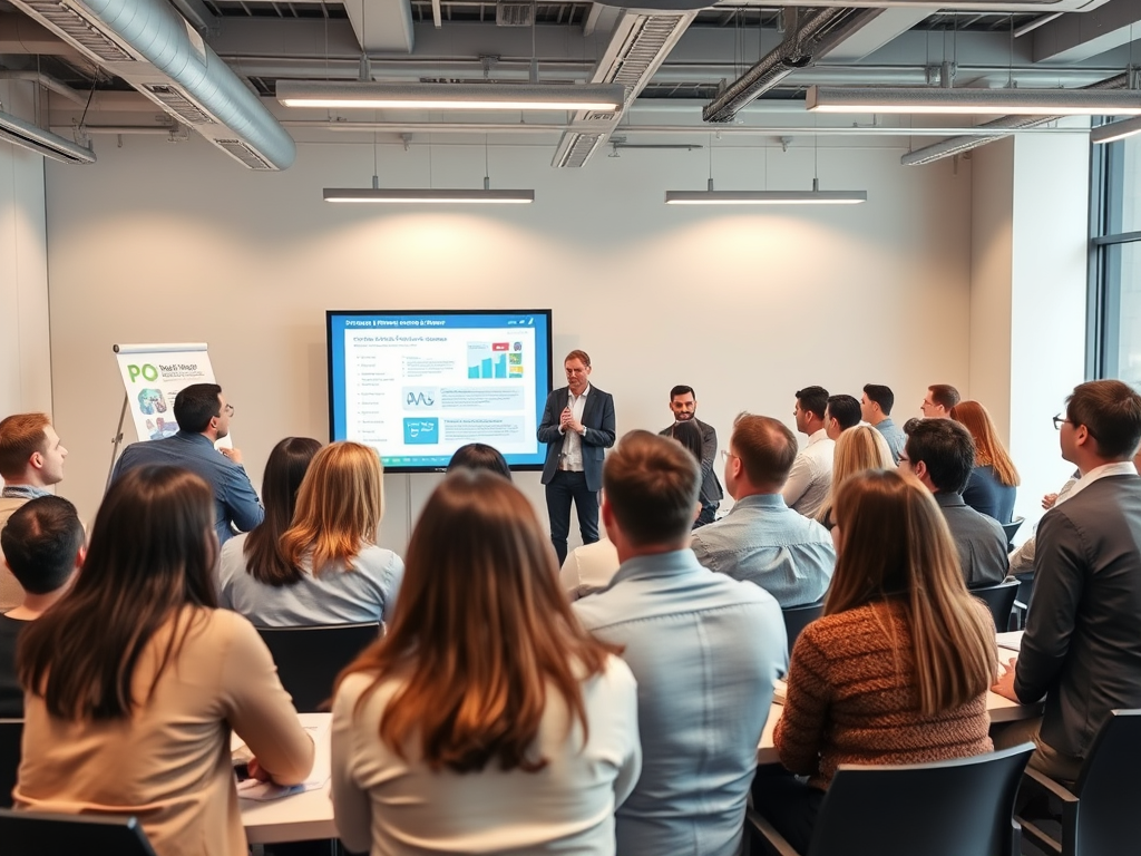 Charla o taller en empresa, frente a una multitud